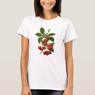 Camiseta Impressão vermelho botânico das cerejas do vinta