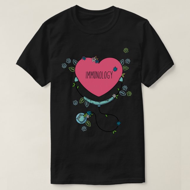 Camiseta Imunologia Desenhada Mão Estetoscópio Amor Imuno B (Frente do Design)
