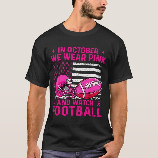 Camiseta In October We Wear Nk Breast Cancer Flag Football  (Frente)