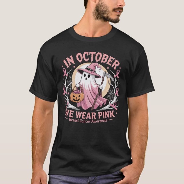 Camiseta In October We Wear Pink Ghost Witch Breast Cancer  (Frente)