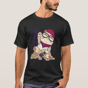 Camiseta Incrível Maneki Neko Gato Hipster Sentado Em Moeda