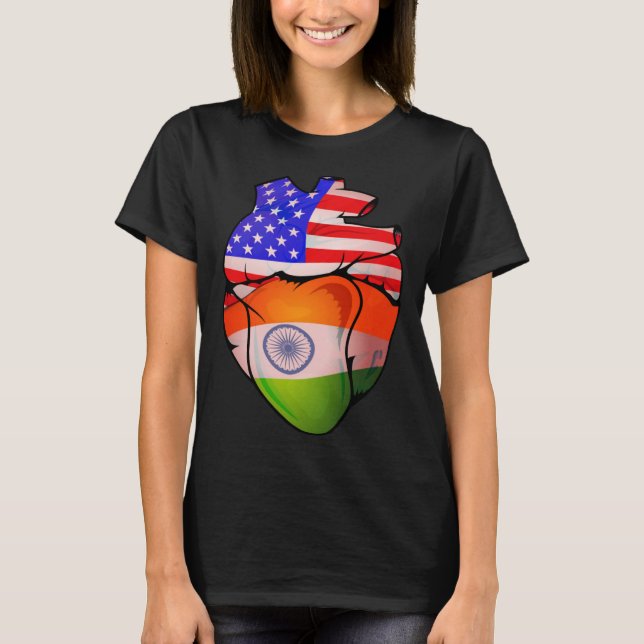 Camiseta Indian American Split Anatomical Heart With Flags (Frente)