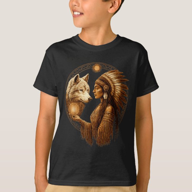 Camiseta Indian Native American Woman With White Wolf Vinta (Frente)