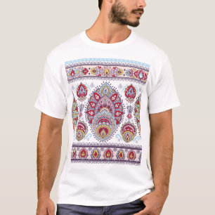 Camiseta índio paisley floral, medalhão étnico.