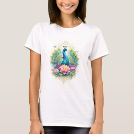 Camiseta Indischer Frühling - Pfau mit Lotus & Gold