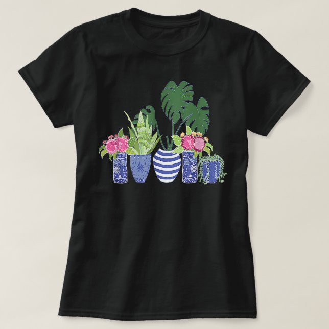 Camiseta Indoor Plants Monstera Snake Plant Chinoiserie Pot (Frente do Design)