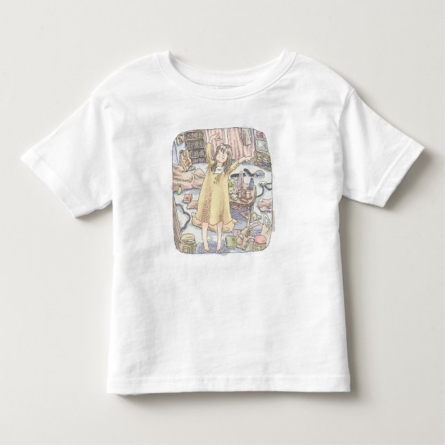 CAMISETA INFANTIL さなごくじ  たくさん物がある散らかったお部屋で両手を挙げて途方に暮れる女性のイラスト (Frente)