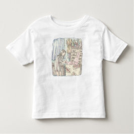CAMISETA INFANTIL さなごなじ  箪笥のあるお部屋で段ボールの中のウサギに手を差し伸べる女性のイラスト