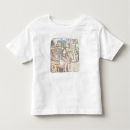 CAMISETA INFANTIL さなむれじ  箱がたくさん積んであるお部屋で箱の中のウサギを見る座っている女性のイラスト