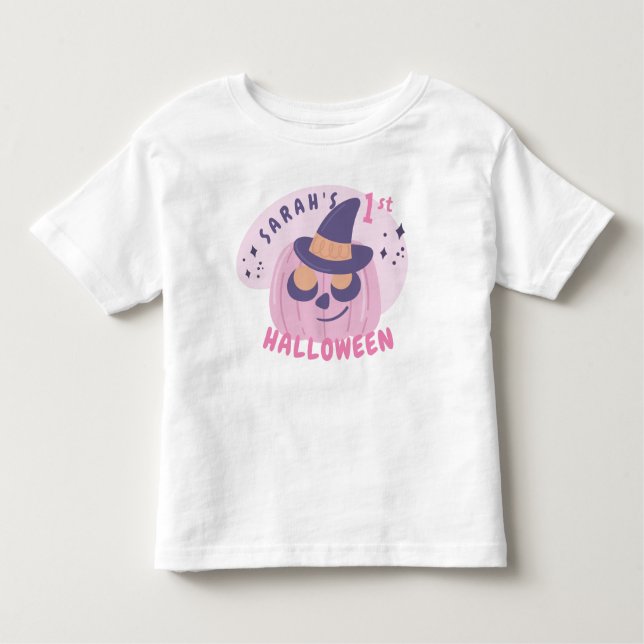 Camiseta Infantil 1º Halloween Chapéu de Abóbora Rosa e Roxo Fofo (Frente)