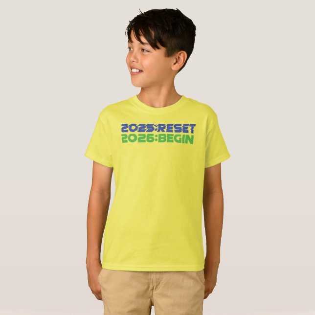 Camiseta infantil 2025:RESET/2026:BEGIN (Frente Completa)