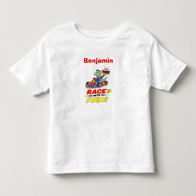 Camiseta Infantil  4º Aniversário Dinossauro Corrida Carro Pronto Vá (Frente)
