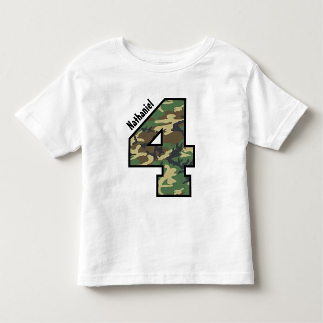 Camiseta Infantil 4.º Aniversário, Garoto Camo, 4 anos, Nome Persona (Frente)