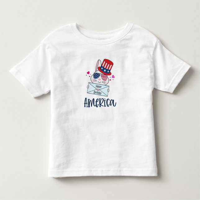 Camiseta Infantil 4 de julho Rabbit com bandeira dos EUA Óculos Sun (Frente)