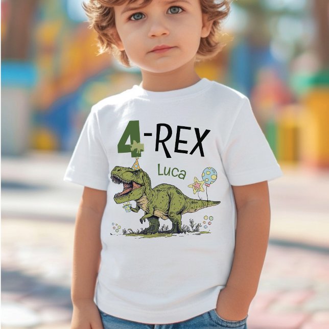 Camiseta Infantil 4 Rex Cute Dinossaur Tema 4.º Aniversário Nome da  (Criador carregado)