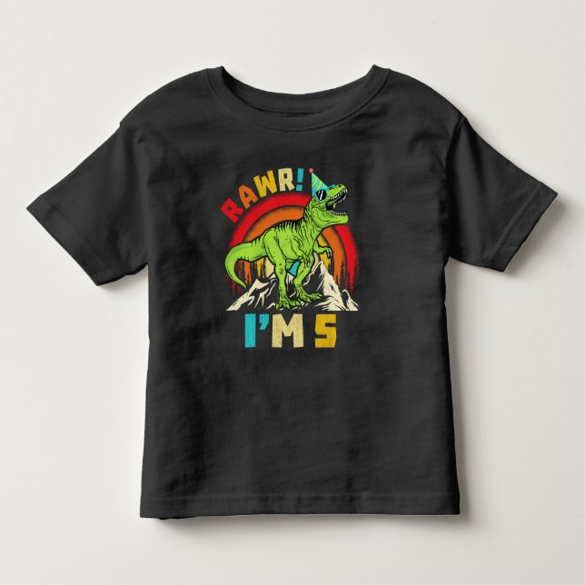 Camiseta Infantil 5 Birthday Dinossaur T Rex Rawr Eu sou 5 para Meni (Frente)