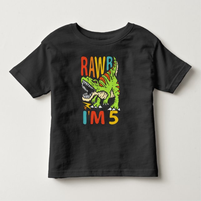 Camiseta Infantil 5 Birthday Dinossaur T Rex Rawr Eu sou 5 para Meni (Frente)