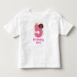 Camiseta Infantil 5 de Aniversário Garota Rosa Número Coroa Cabelo C