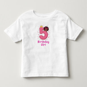Camiseta Infantil 5 de Aniversário Garota Rosa Número Coroa Cabelo C