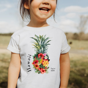 Camiseta Infantil Abacaxi tropical do Havaí com flores, nome da famí