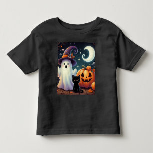 Camiseta Infantil Abóbora, gata e fantasma do Halloween
