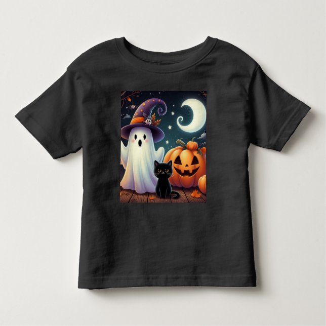 Camiseta Infantil Abóbora, gata e fantasma do Halloween (Frente)
