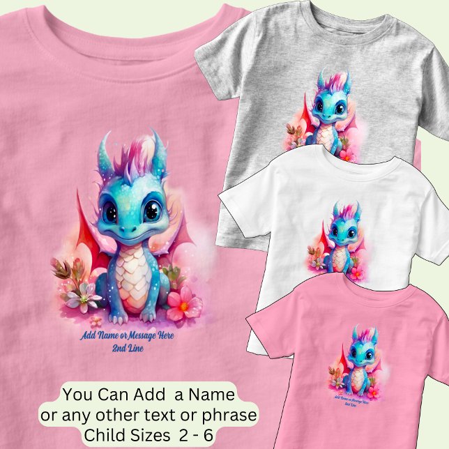 Camiseta Infantil Adicionar Texto de Nome, Dragão Bebê Rosa Azul (Criador carregado)