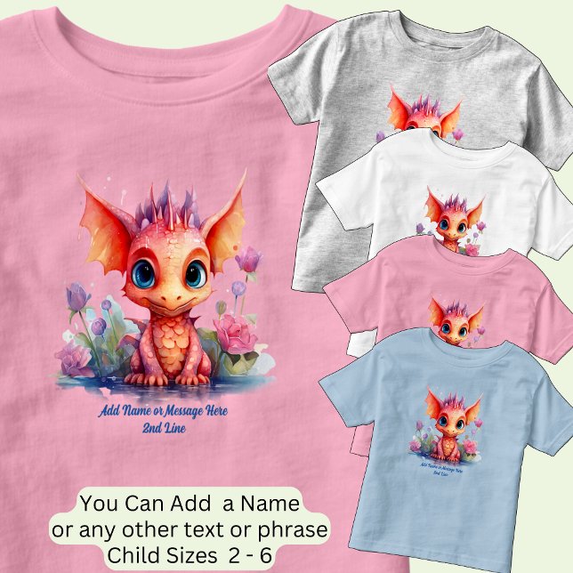 Camiseta Infantil Adicionar Texto de Nome, Dragão Bebê Rosa Laranja (Criador carregado)