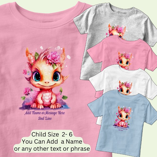 Camiseta Infantil Adicionar Texto de Nome, Dragão Bebê Rosa Laranja  (Criador carregado)