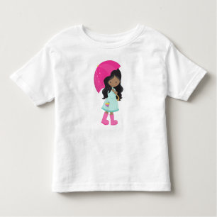 Camiseta Infantil African American Girl, Rain, Raincoat, Umbrella