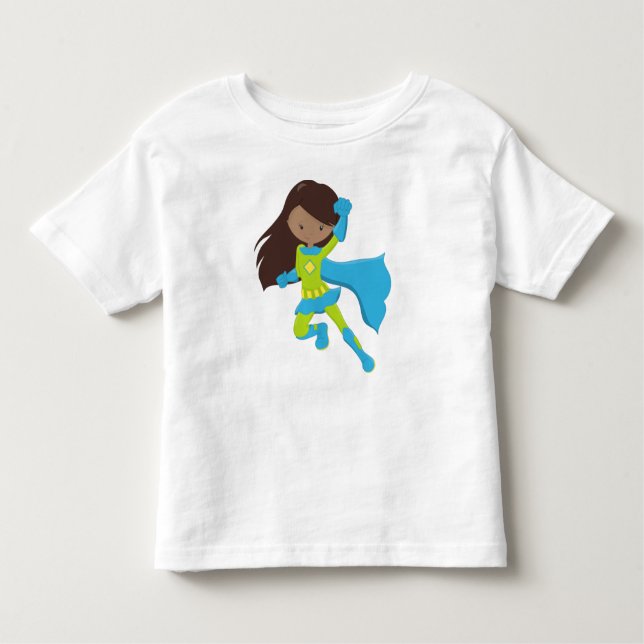 Camiseta Infantil African American Girl, Super Herói Girl, Blue Cape (Frente)
