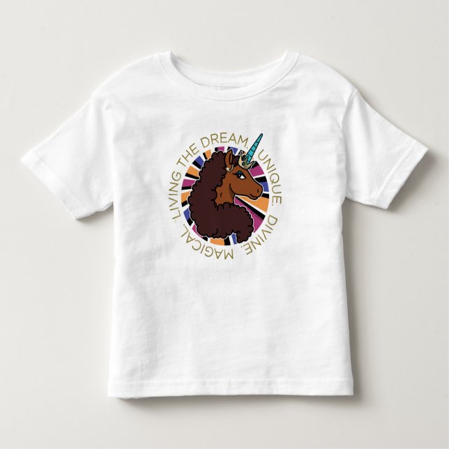 Camiseta Infantil Afro Unicorn Vivendo o Design do Sonho (Frente)