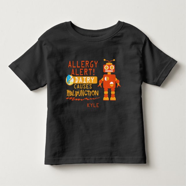 Camiseta Infantil Alerta de Alergia a Leite Laranja Robô (Frente)