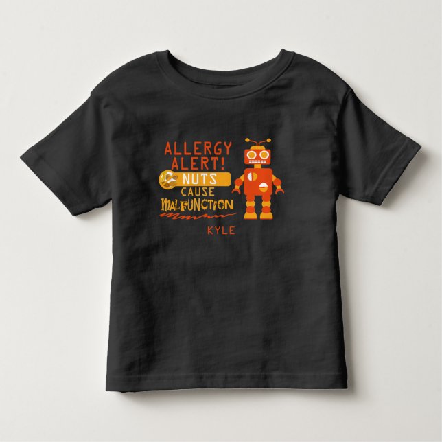 Camiseta Infantil Alerta de Alergia a Nozes Meninos Robôs Laranja (Frente)