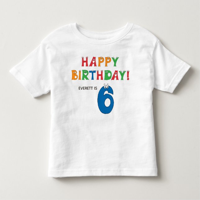 Camiseta Infantil Alfabeto Colorido de 6º Aniversário com Primeiro N (Frente)