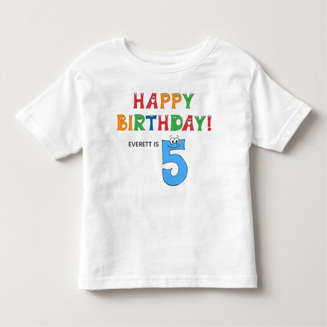 Camiseta Infantil Alfabeto Colorido de Aniversário 5 com Nome (Frente)