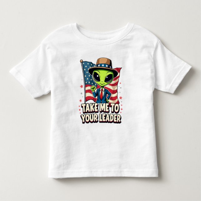 Camiseta Infantil Alienígena Engraçada Leva-me ao seu líder Patrióti (Frente)