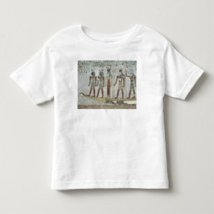 Camiseta Infantil Alivio que descreve Khnum em um barque funerário