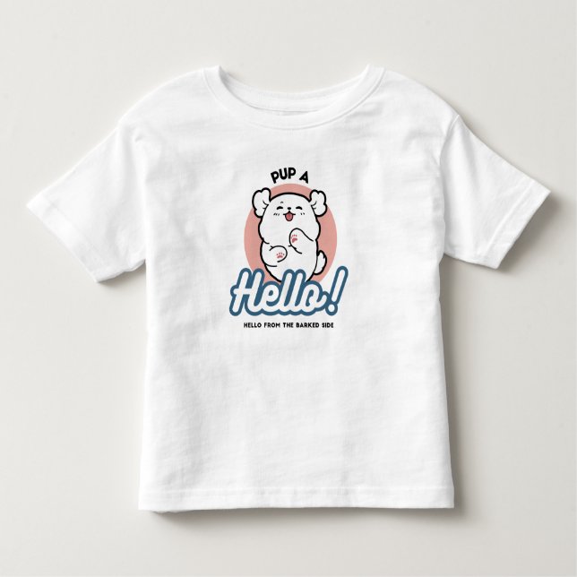 Camiseta Infantil Alô! - Design de Cartoon Feliz de Cachorro Branco (Frente)