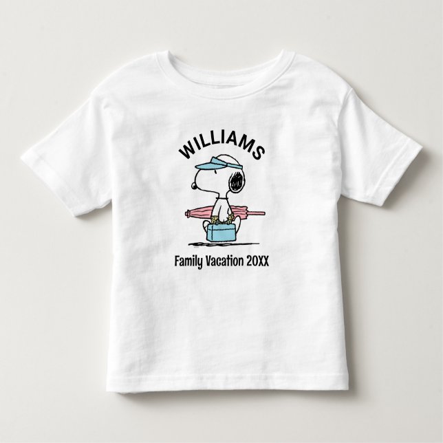 Camiseta Infantil Amendoins | Férias Familiares Snoopy Beach Walk (Frente)