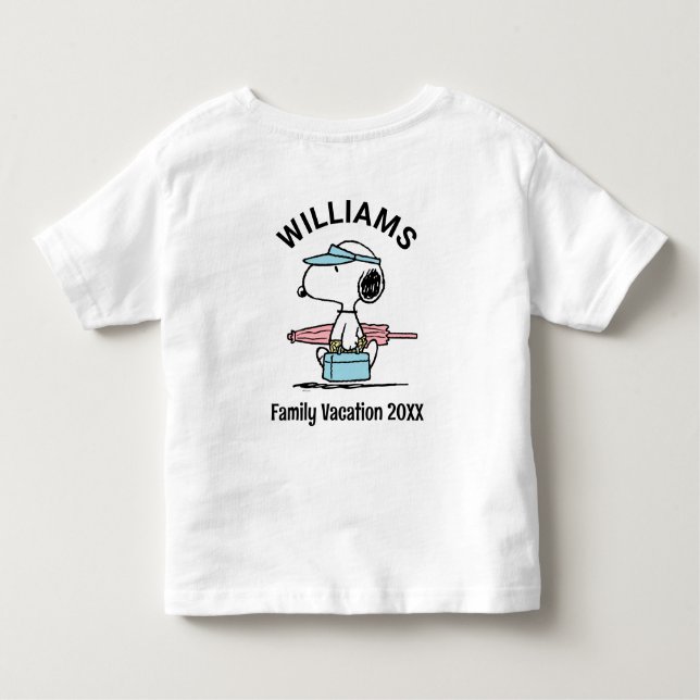 Camiseta Infantil Amendoins | Férias Familiares Snoopy Beach Walk (Verso)