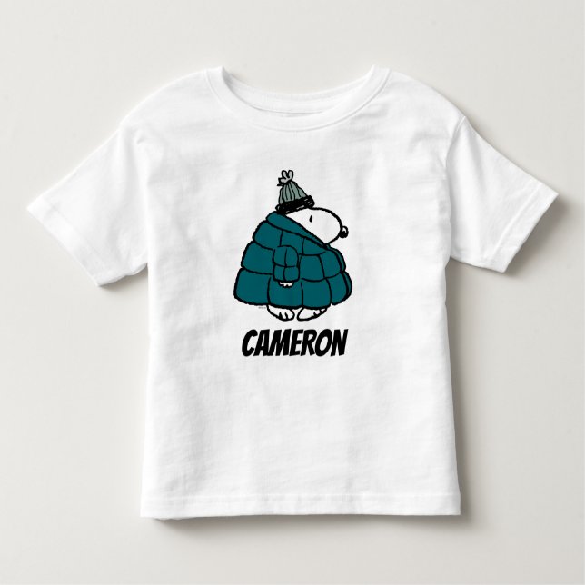 Camiseta Infantil Amendoins | Jaqueta Puffer de inverno de Snoopy (Frente)