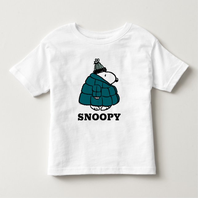 Camiseta Infantil Amendoins | Jaqueta Puffer de inverno de Snoopy (Frente)