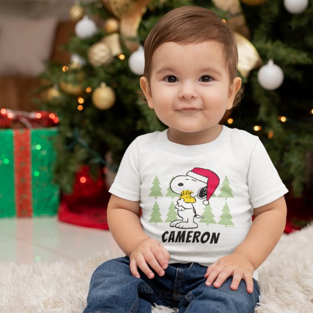 Camiseta Infantil Amendoins | Snoopy & Woodstock Santa Claus Hug (Criador carregado)