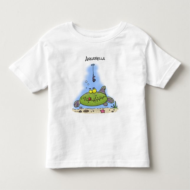 Camiseta Infantil Animação de peixe verde esfomeado e gordo (Frente)