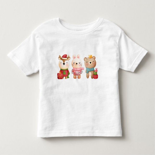 Camiseta Infantil Animais de Natal em roupas festivas (Frente)