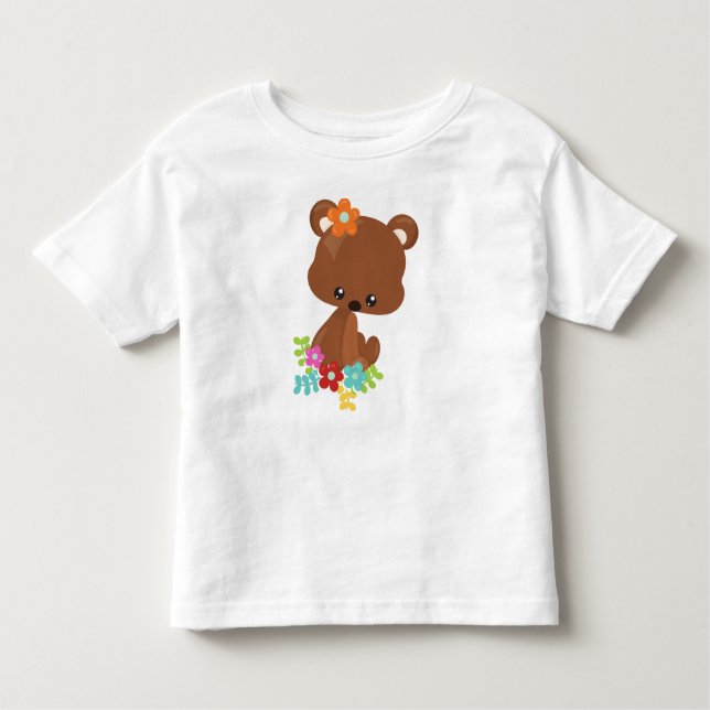 Camiseta Infantil Animais primavera, Urso-Cinto, Urso-Pequeno, Flore (Frente)