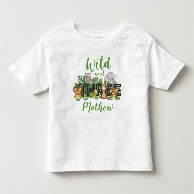 Camiseta Infantil Animais Selvagens Selvagens e Árvores 3º Safari An (Frente)