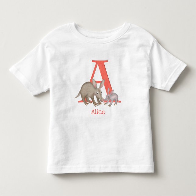 Camiseta Infantil Animal ABC A é para a t-shirt aardvark (Frente)