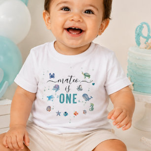 Camiseta Infantil Animal Marinho Um Nome Personalizado 1º Aniversári